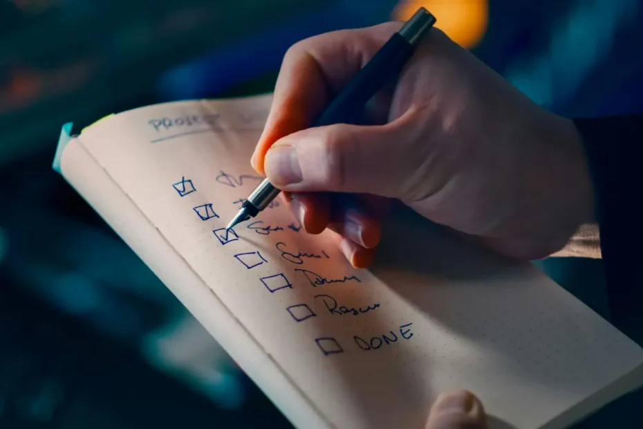 "5 Questions to Ask Before You Adopt AI at Your Small Business" blog banner - Person holding a pen and checking off tasks on a paper to-do list.